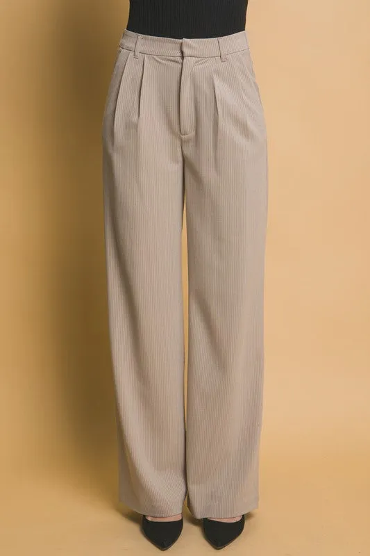 Beige Pinstripe Wide Leg Pants