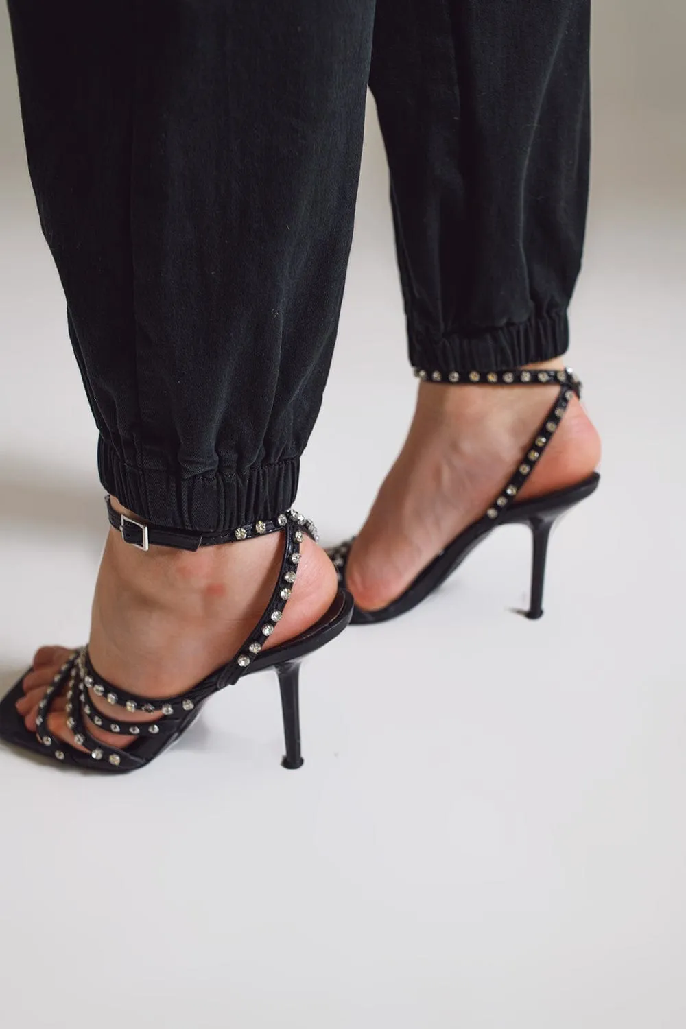Black Cargo Pants With Elasticated Waist And Hem