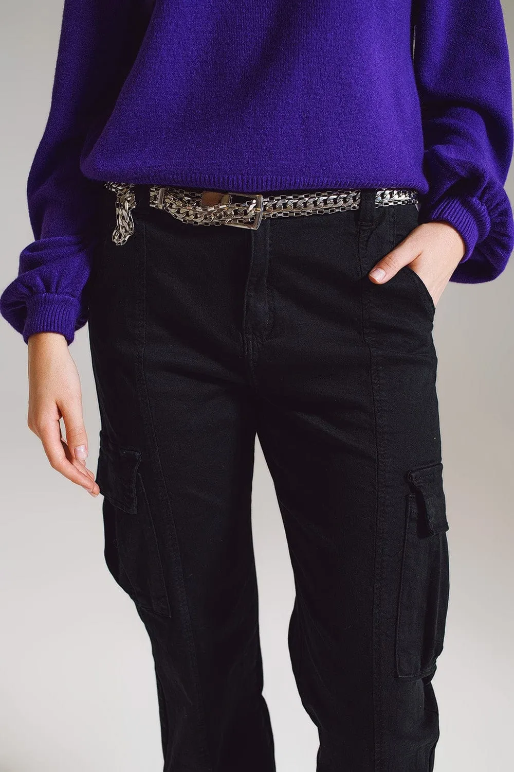 Black Cargo Pants With Elasticated Waist And Hem