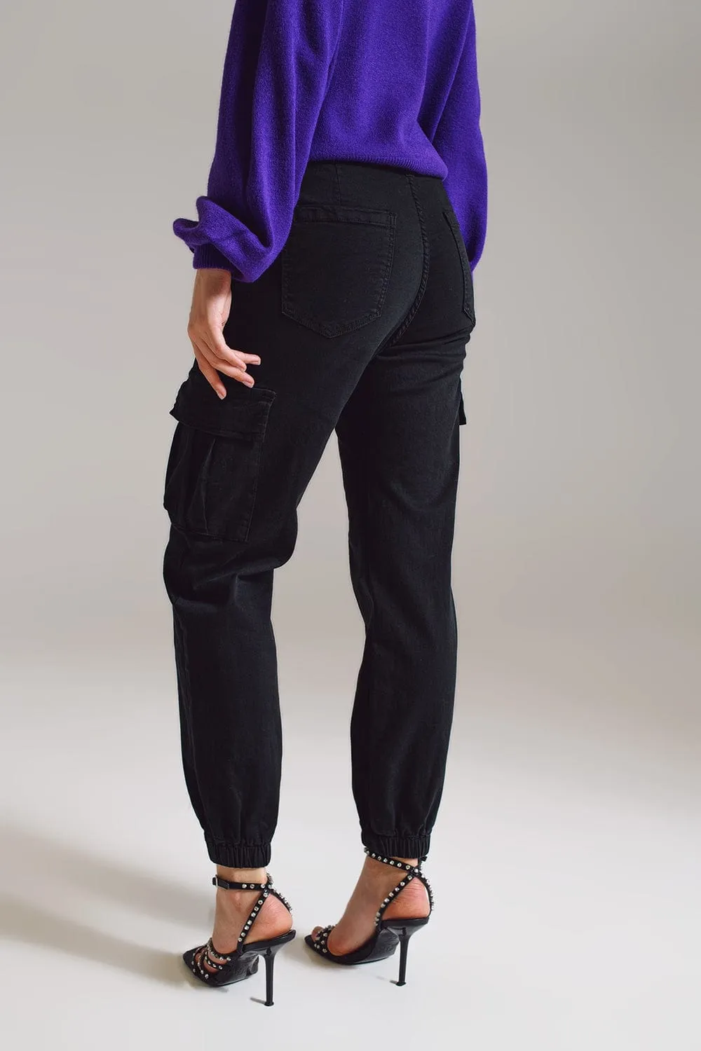 Black Cargo Pants With Elasticated Waist And Hem