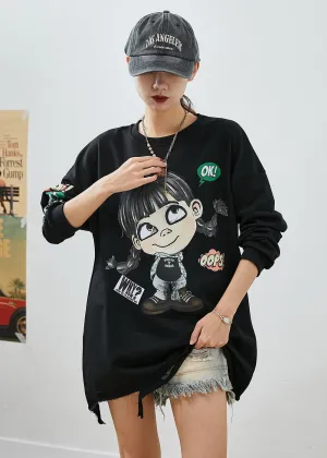 Bohemian Black Oversized Cartoon Print Cotton Ripped Sweatshirts Top Fall LY9277