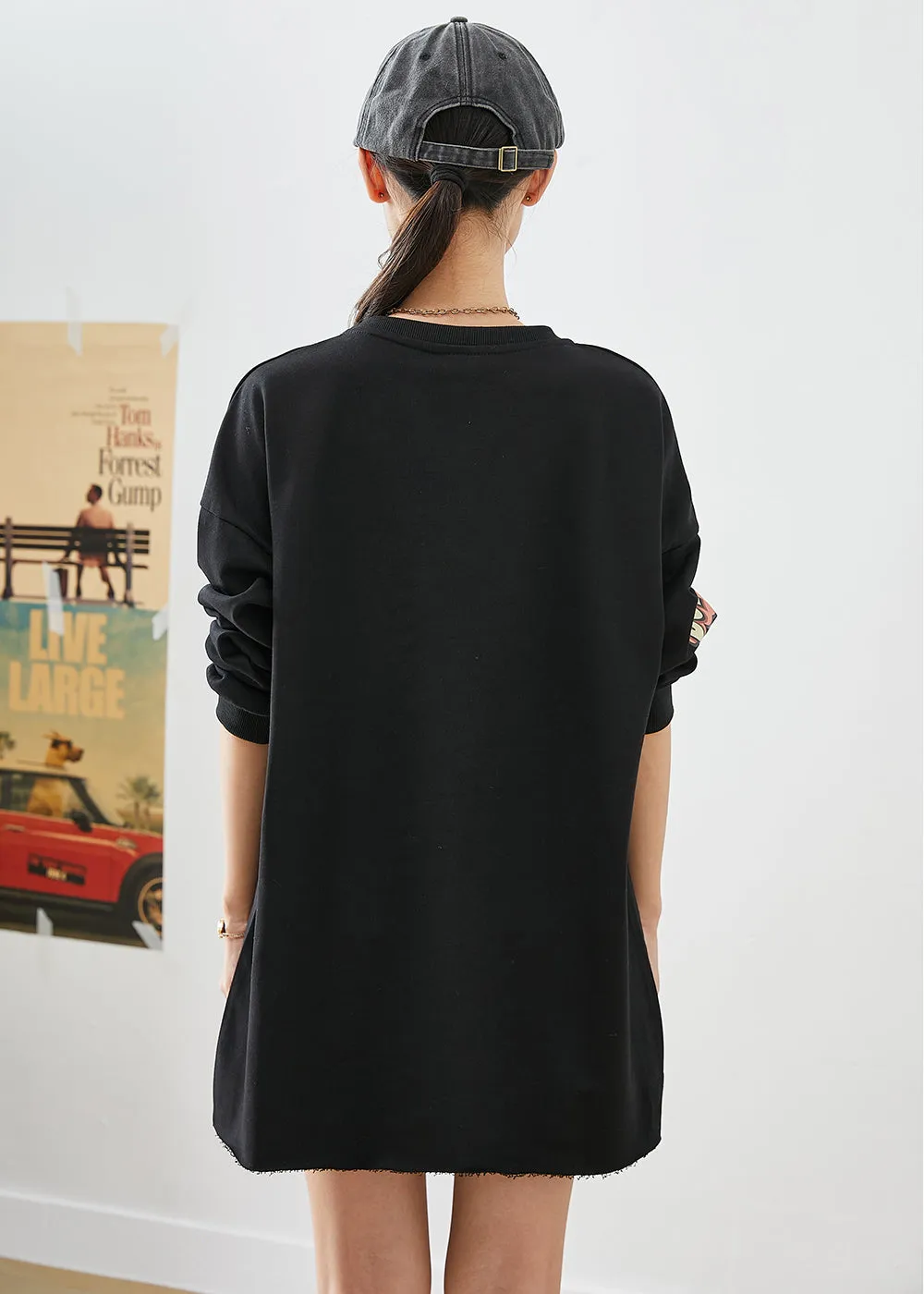 Bohemian Black Oversized Cartoon Print Cotton Ripped Sweatshirts Top Fall LY9277
