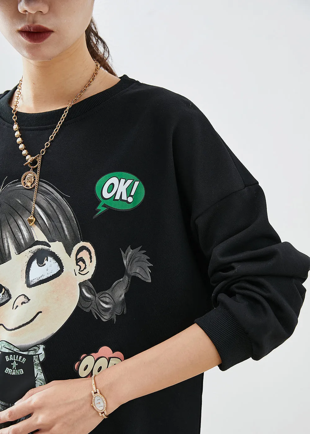 Bohemian Black Oversized Cartoon Print Cotton Ripped Sweatshirts Top Fall LY9277
