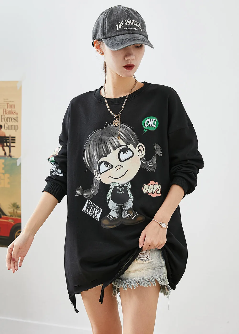 Bohemian Black Oversized Cartoon Print Cotton Ripped Sweatshirts Top Fall LY9277
