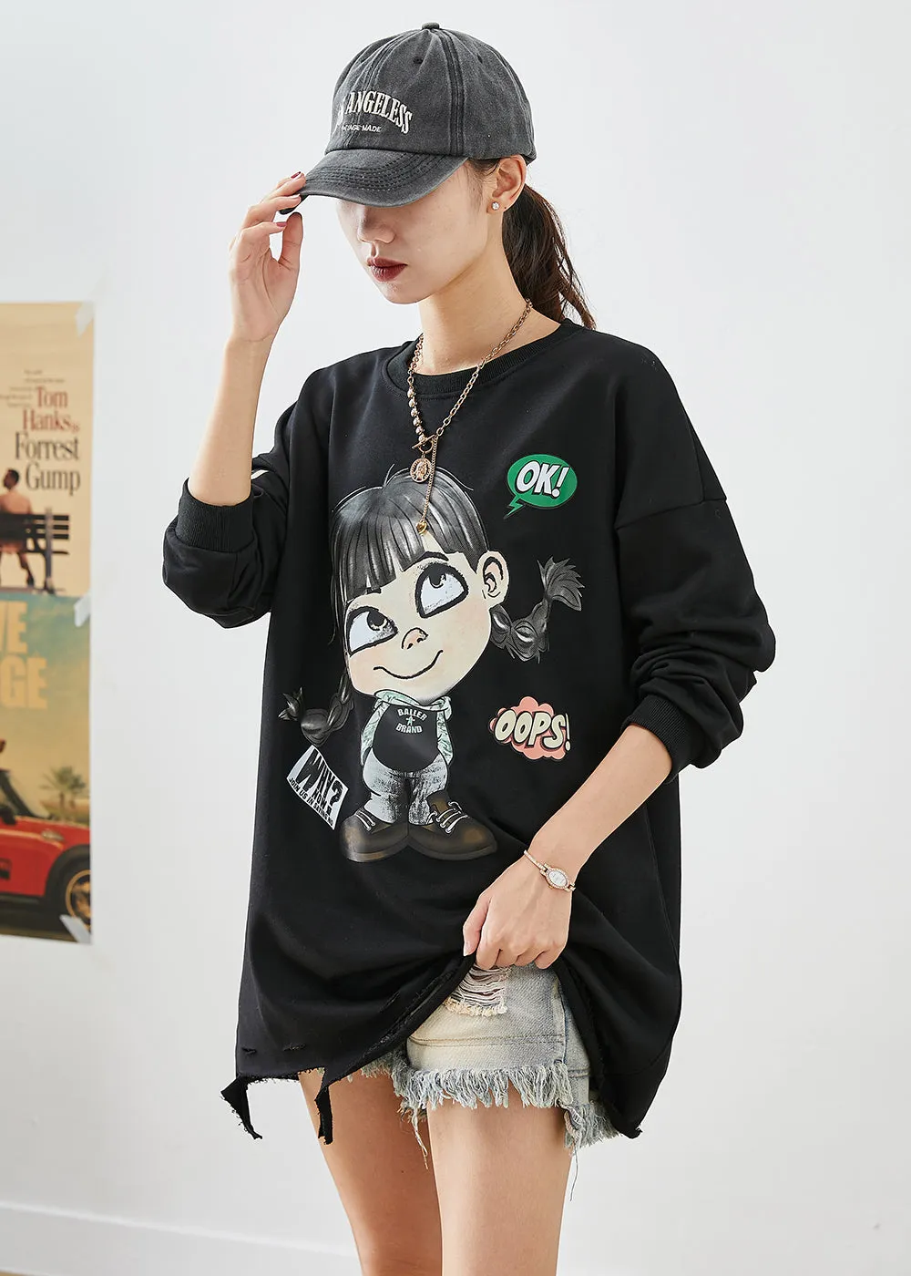 Bohemian Black Oversized Cartoon Print Cotton Ripped Sweatshirts Top Fall LY9277