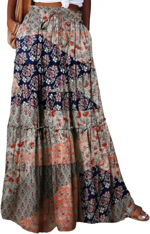 Bohemian Maxi Skirts for Women 2025 Casual Comfy Hippie Tiered Long Pleated Skirt Elastic Waist Boho Flowy Skirt