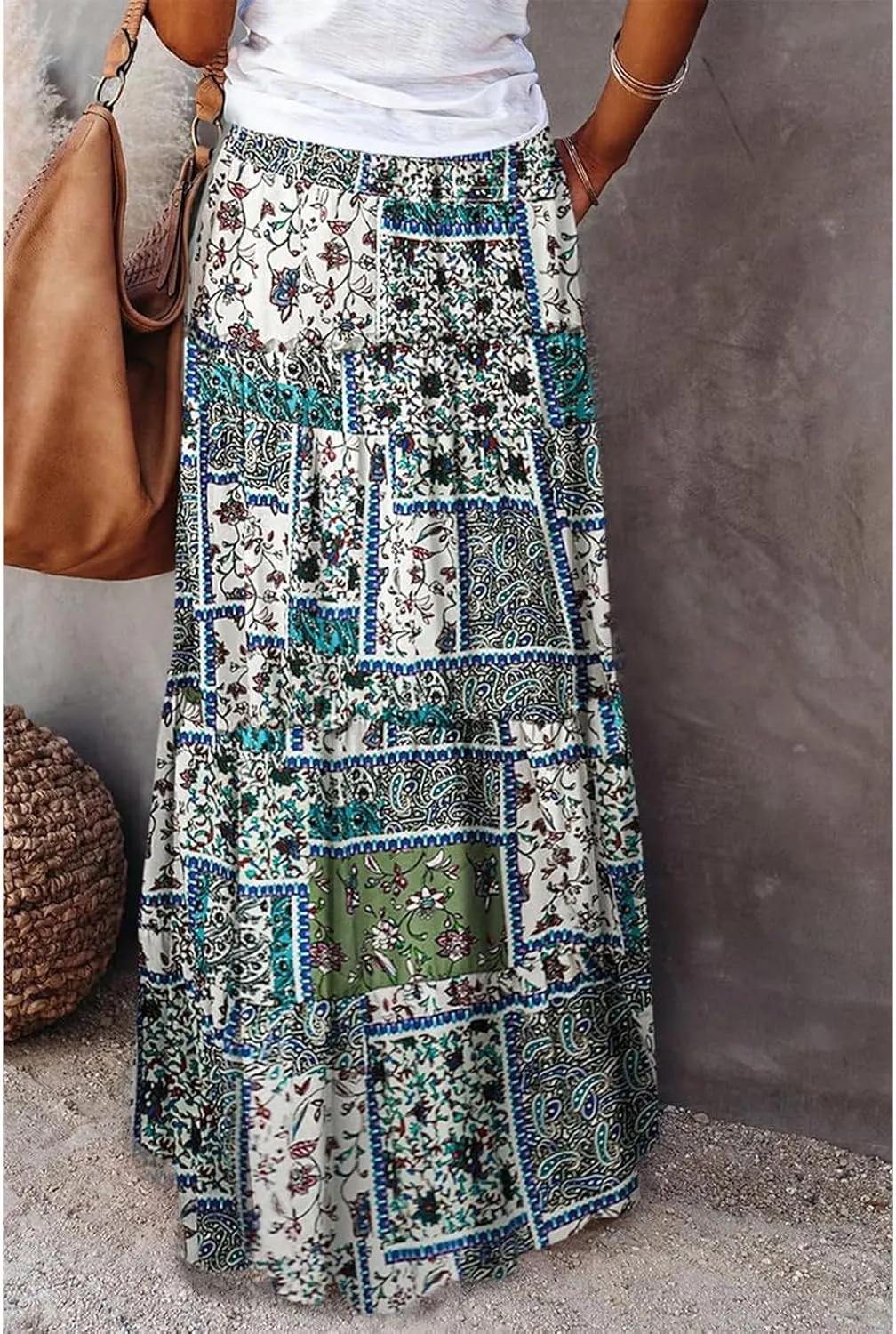 Bohemian Maxi Skirts for Women 2025 Casual Comfy Hippie Tiered Long Pleated Skirt Elastic Waist Boho Flowy Skirt