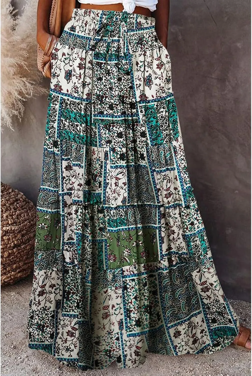 Bohemian Maxi Skirts for Women 2025 Casual Comfy Hippie Tiered Long Pleated Skirt Elastic Waist Boho Flowy Skirt