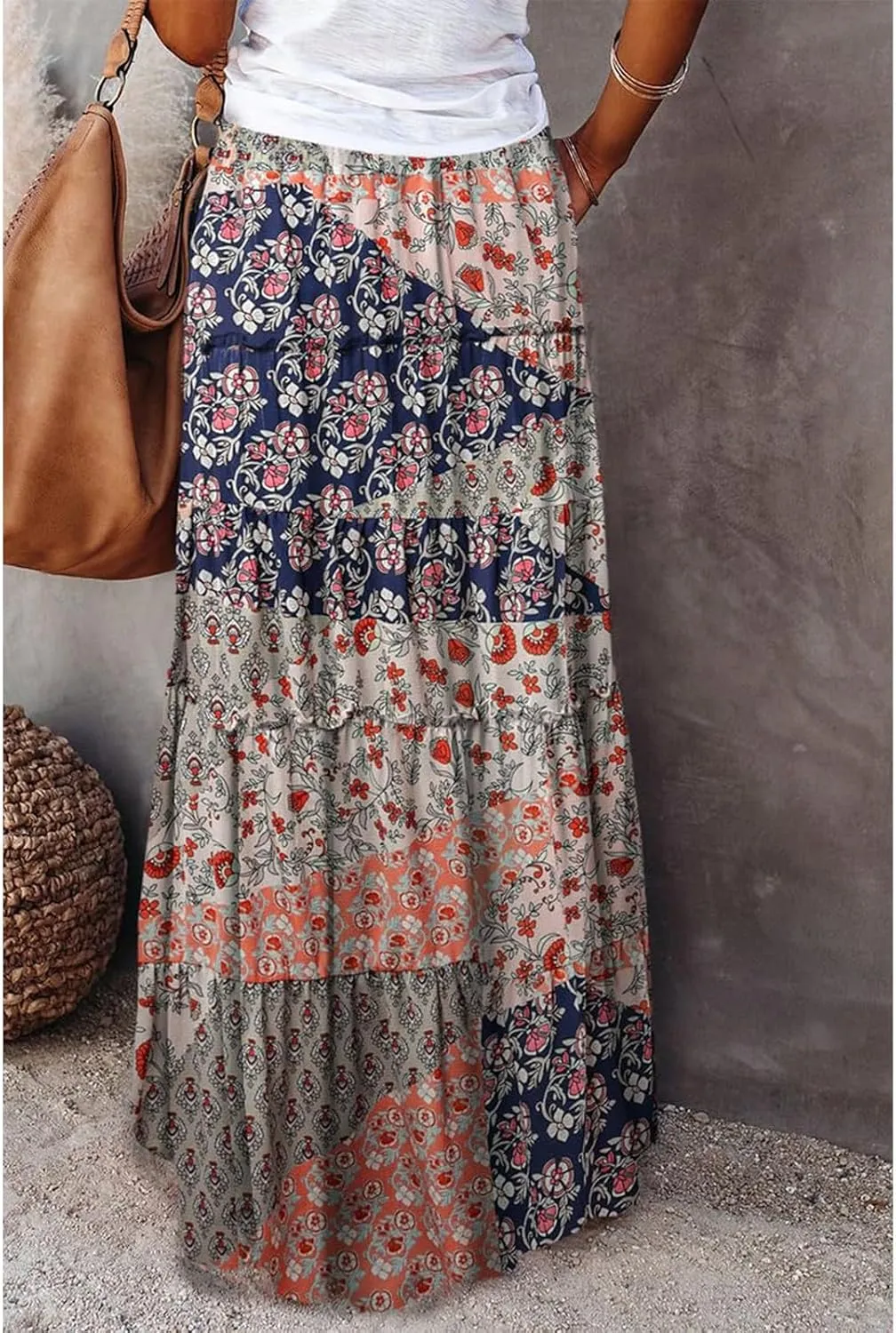 Bohemian Maxi Skirts for Women 2025 Casual Comfy Hippie Tiered Long Pleated Skirt Elastic Waist Boho Flowy Skirt