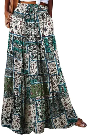 Bohemian Maxi Skirts for Women 2025 Casual Comfy Hippie Tiered Long Pleated Skirt Elastic Waist Boho Flowy Skirt