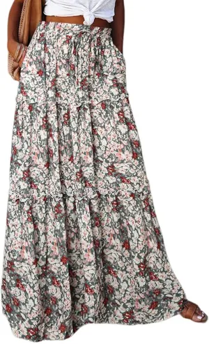 Bohemian Maxi Skirts for Women 2025 Casual Comfy Hippie Tiered Long Pleated Skirt Elastic Waist Boho Flowy Skirt