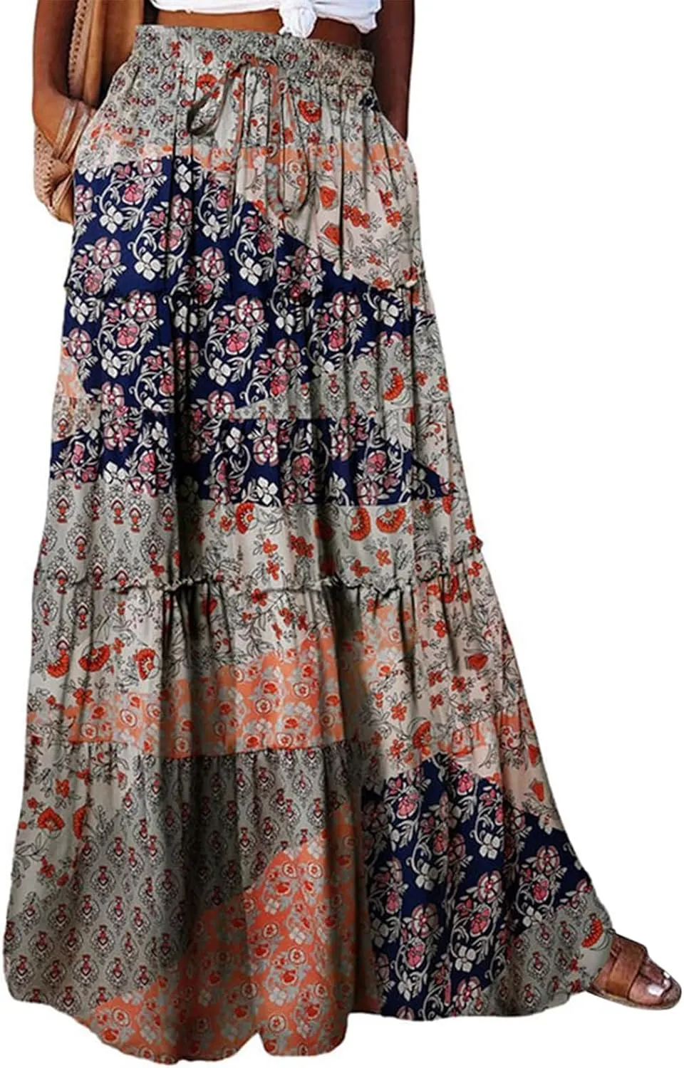 Bohemian Maxi Skirts for Women 2025 Casual Comfy Hippie Tiered Long Pleated Skirt Elastic Waist Boho Flowy Skirt