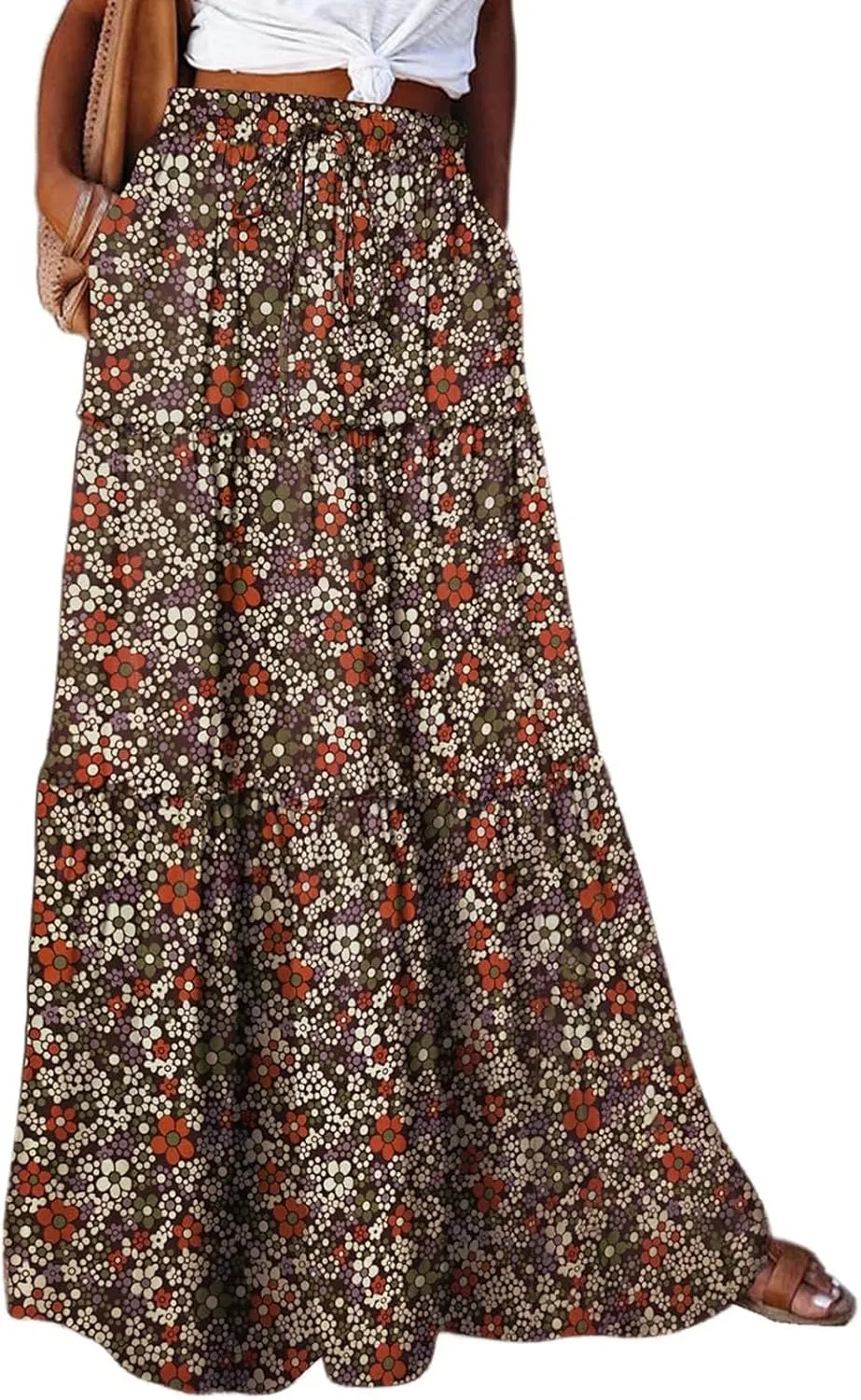 Bohemian Maxi Skirts for Women 2025 Casual Comfy Hippie Tiered Long Pleated Skirt Elastic Waist Boho Flowy Skirt