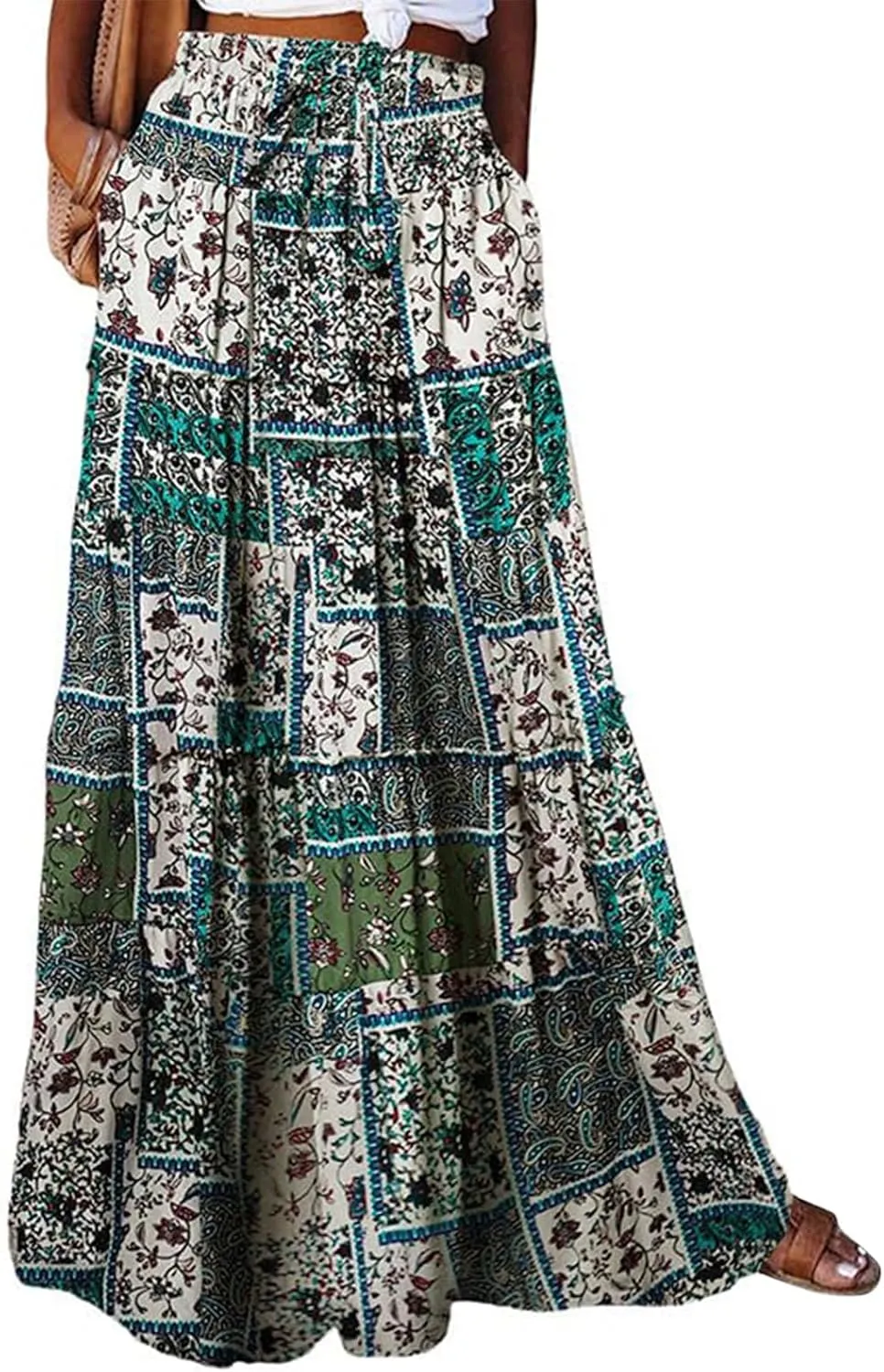 Bohemian Maxi Skirts for Women 2025 Casual Comfy Hippie Tiered Long Pleated Skirt Elastic Waist Boho Flowy Skirt