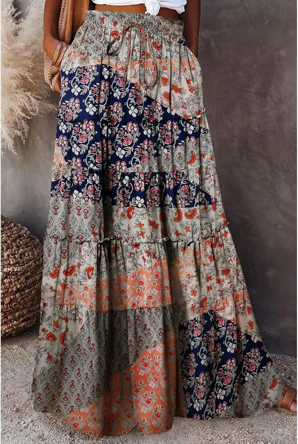Bohemian Maxi Skirts for Women 2025 Casual Comfy Hippie Tiered Long Pleated Skirt Elastic Waist Boho Flowy Skirt