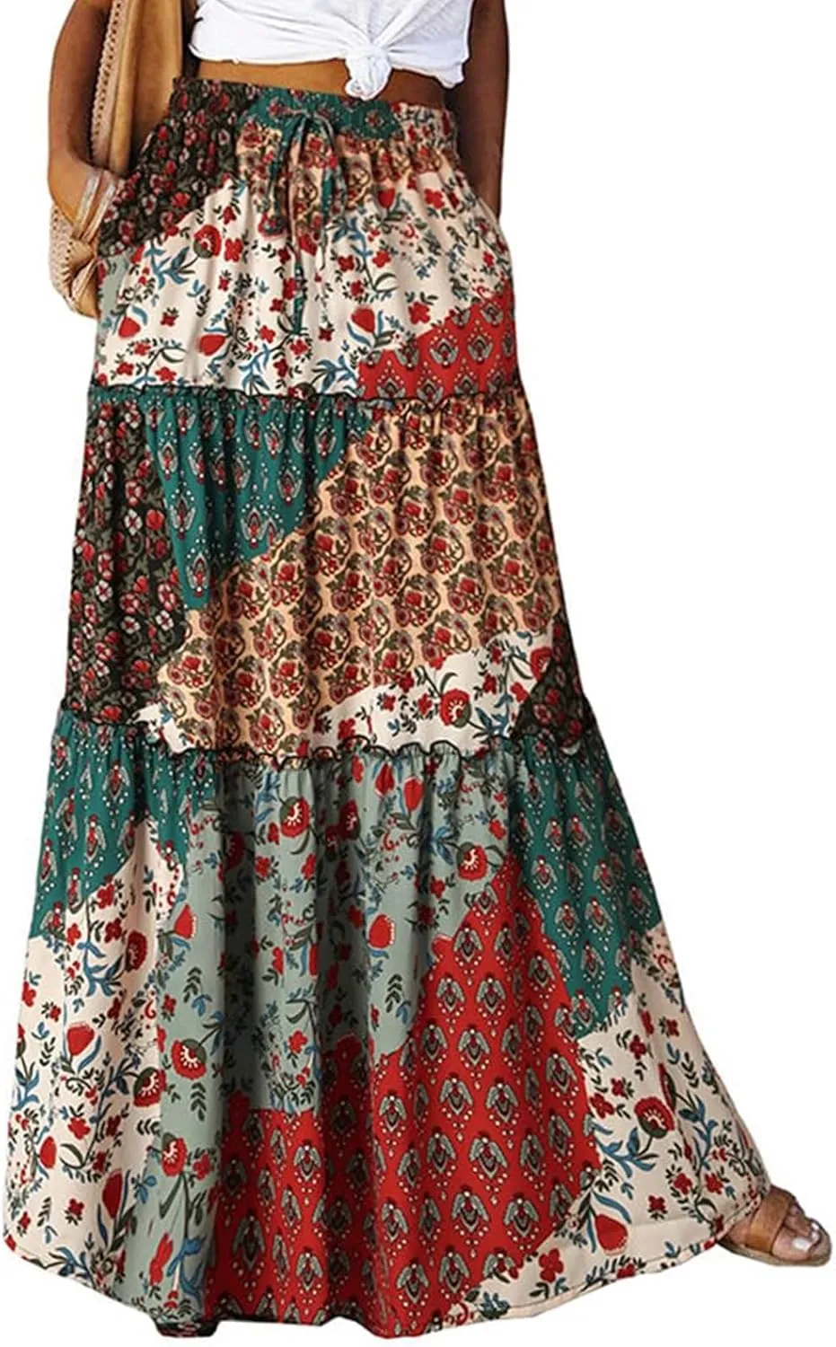 Boho Long Pleated Skirts for Women Trendy Bohemian Tiered Maxi Skirt Casual Elastic Waist Hippie A Line Flowy Skirt