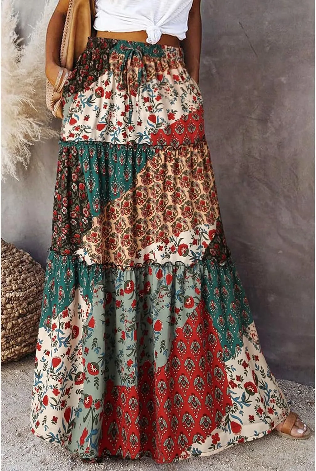 Boho Long Pleated Skirts for Women Trendy Bohemian Tiered Maxi Skirt Casual Elastic Waist Hippie A Line Flowy Skirt
