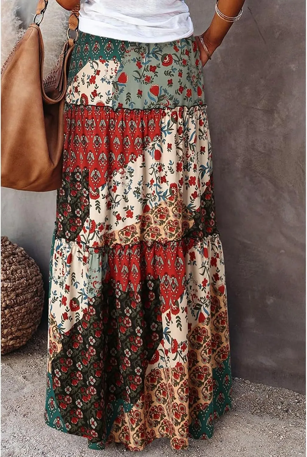Boho Long Pleated Skirts for Women Trendy Bohemian Tiered Maxi Skirt Casual Elastic Waist Hippie A Line Flowy Skirt