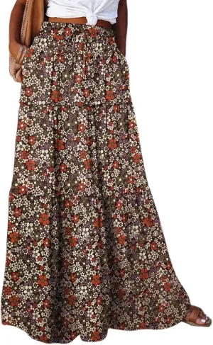 Boho Long Pleated Skirts for Women Trendy Bohemian Tiered Maxi Skirt Casual Elastic Waist Hippie A Line Flowy Skirt