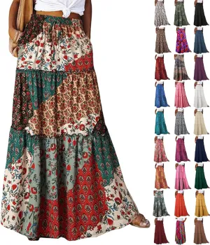 Boho Long Pleated Skirts for Women Trendy Bohemian Tiered Maxi Skirt Casual Elastic Waist Hippie A Line Flowy Skirt