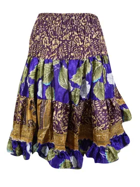 Boho Style Summer Ruched Elastic Skirt, Purple Beach Hippy Recycle Silk Skirts S/M
