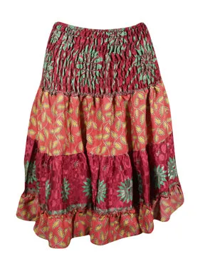 Boho Trendy Summer Ruched Elastic Skirt, Red Floral Beach Skirts S/M