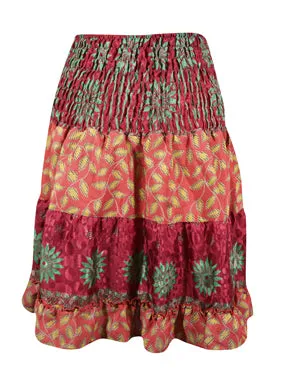 Boho Trendy Summer Ruched Elastic Skirt, Red Floral Beach Skirts S/M