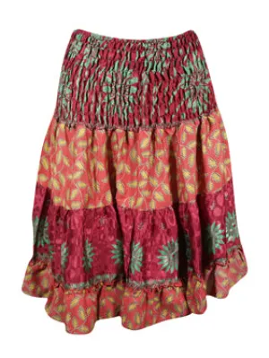 Boho Trendy Summer Ruched Elastic Skirt, Red Floral Beach Skirts S/M