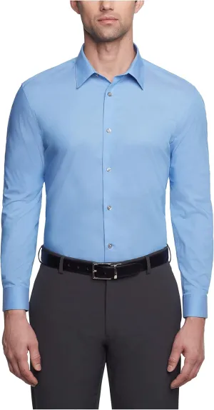Calvin Klein Men's Slim Fit Non-Iron Herringbone Point Collar Dress Shirt, Smokey Blue, 15.5" Neck 32"-33" Sleeve