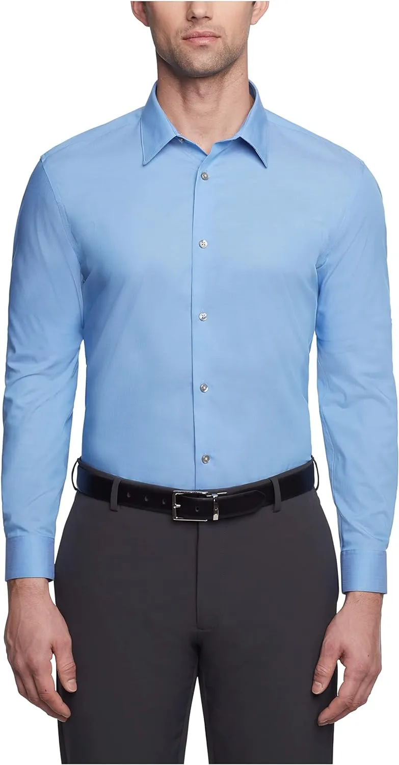 Calvin Klein Men's Slim Fit Non-Iron Herringbone Point Collar Dress Shirt, Smokey Blue, 15.5" Neck 32"-33" Sleeve