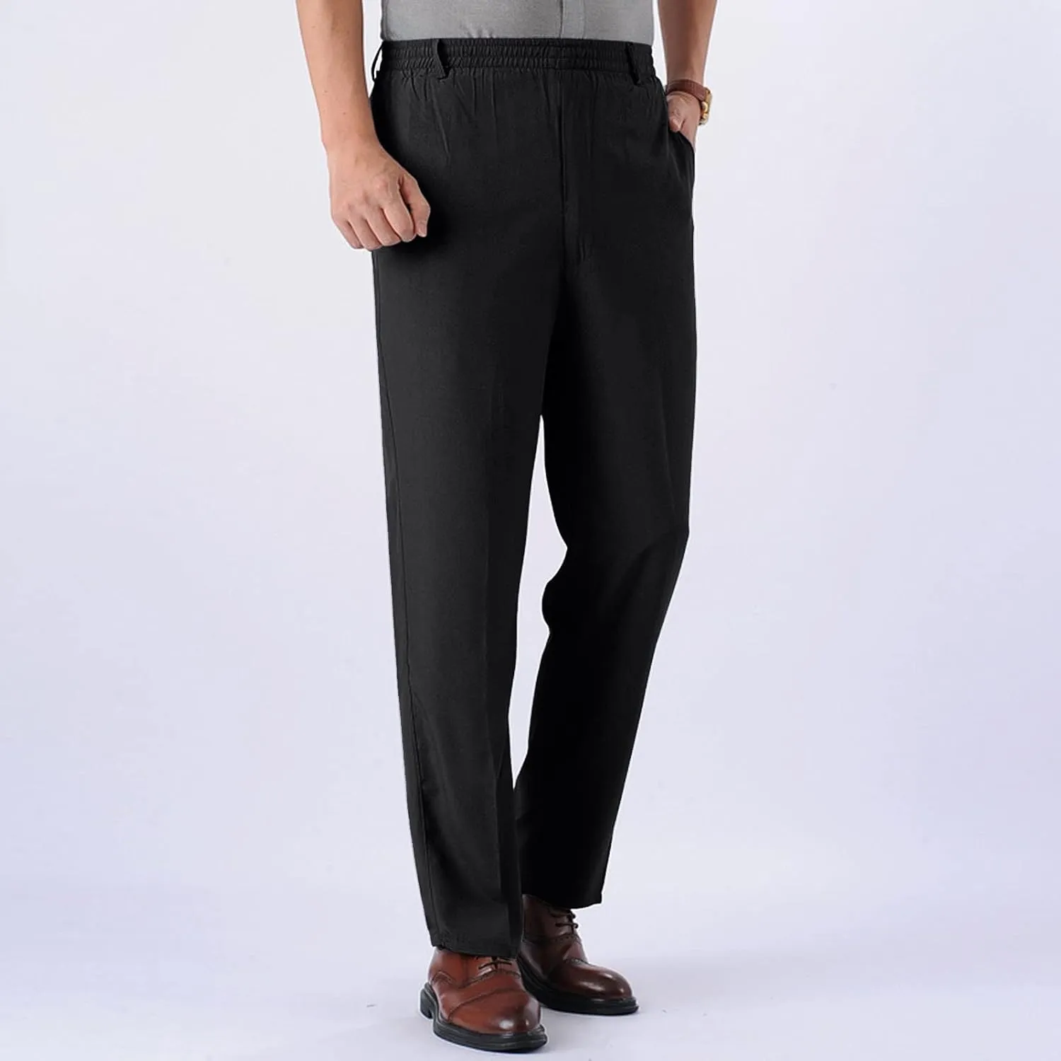 Casual Pants for Men Relaxed Fit Straight Leg Stretch Waist Trouser Lightweight Plus Size Summer Dress Pants with Pockets