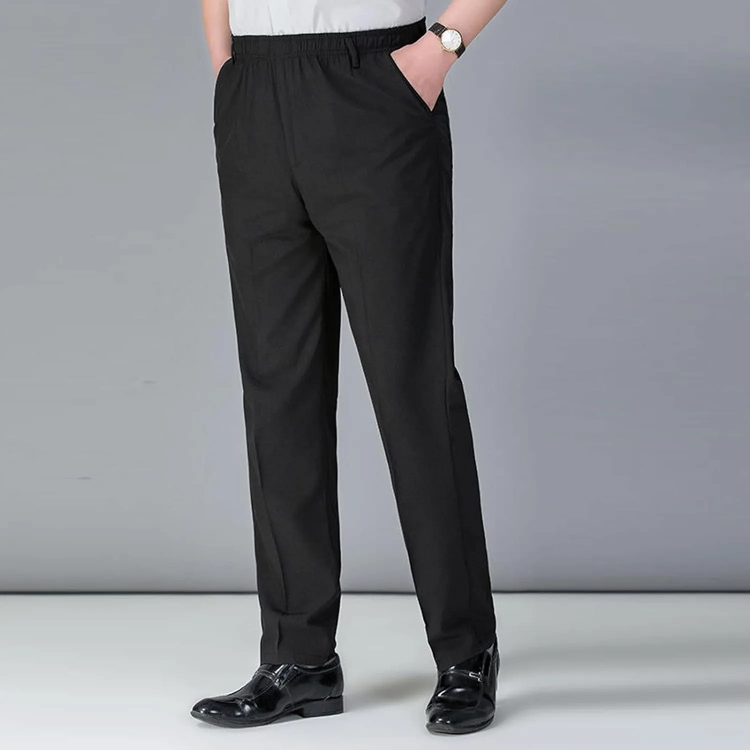 Casual Pants for Men Relaxed Fit Straight Leg Stretch Waist Trouser Lightweight Plus Size Summer Dress Pants with Pockets