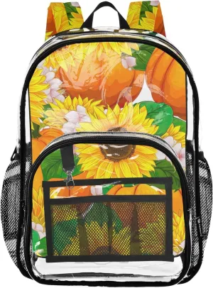 Clear Bag for Women Travel Vibrant Sunflowers Pumpkins Kids Backpack for Girls Approved Transparent Bag