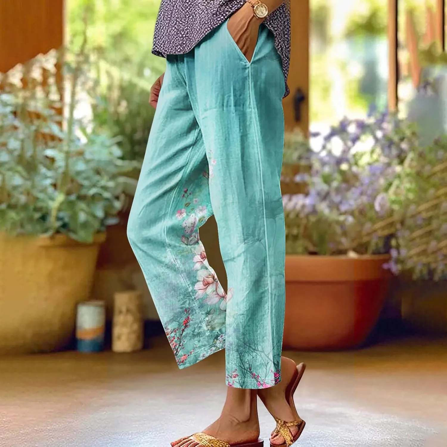 Cotton Linen Pants Women Summer Casual Floral Print Boho Beach Capris Bottoms Lightweight Wide Leg High Waisted Slacks