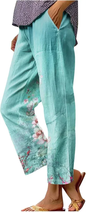 Cotton Linen Pants Women Summer Casual Floral Print Boho Beach Capris Bottoms Lightweight Wide Leg High Waisted Slacks