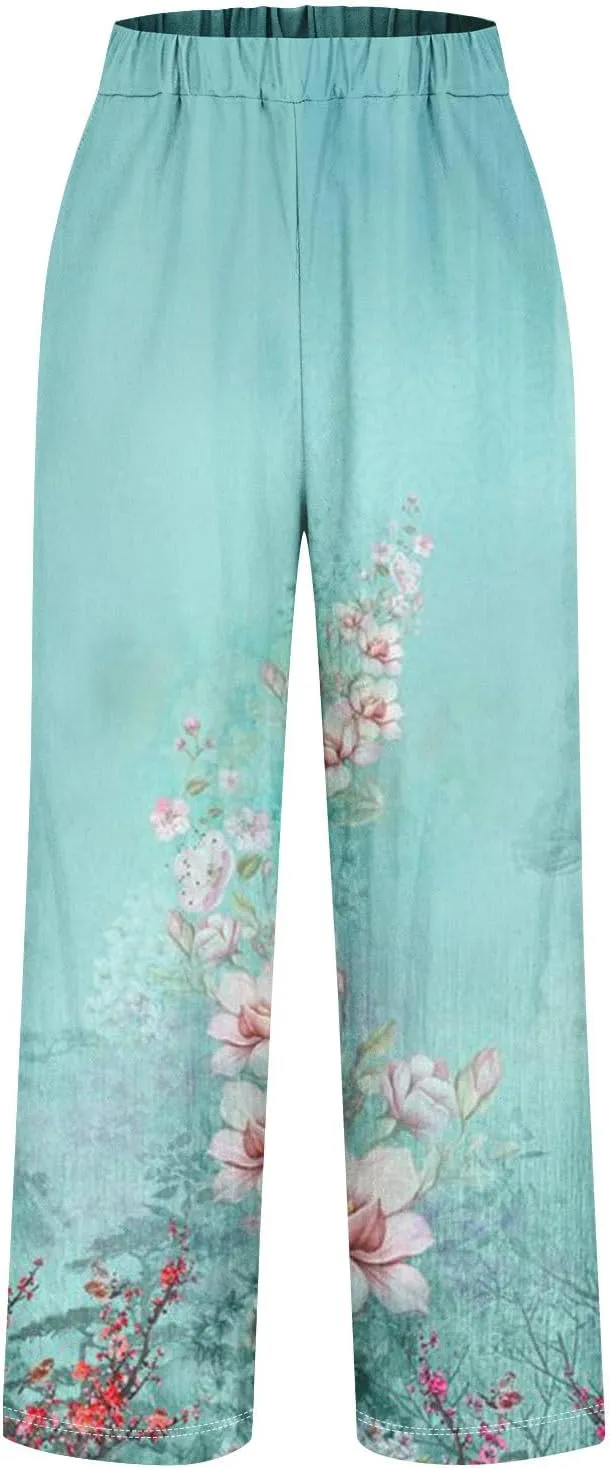 Cotton Linen Pants Women Summer Casual Floral Print Boho Beach Capris Bottoms Lightweight Wide Leg High Waisted Slacks
