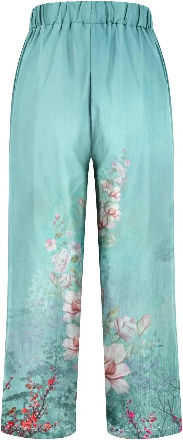 Cotton Linen Pants Women Summer Casual Floral Print Boho Beach Capris Bottoms Lightweight Wide Leg High Waisted Slacks