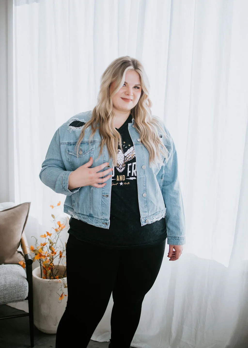 Curvy Ashlee Distressed Denim Jacket