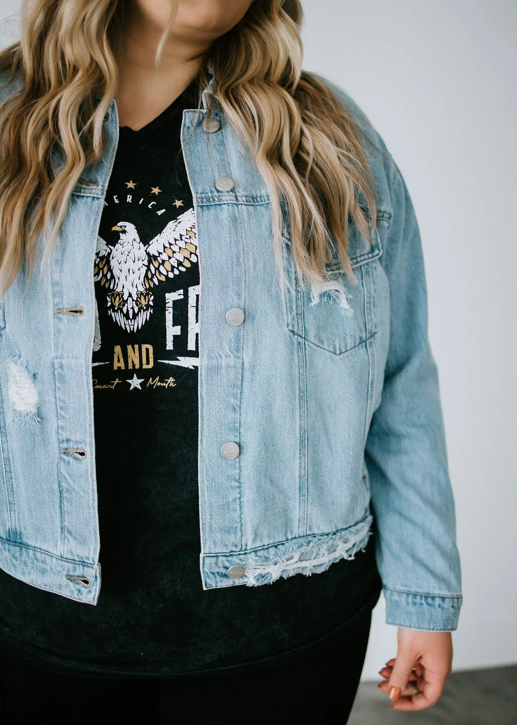 Curvy Ashlee Distressed Denim Jacket