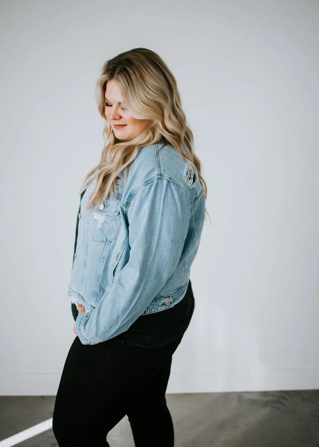 Curvy Ashlee Distressed Denim Jacket