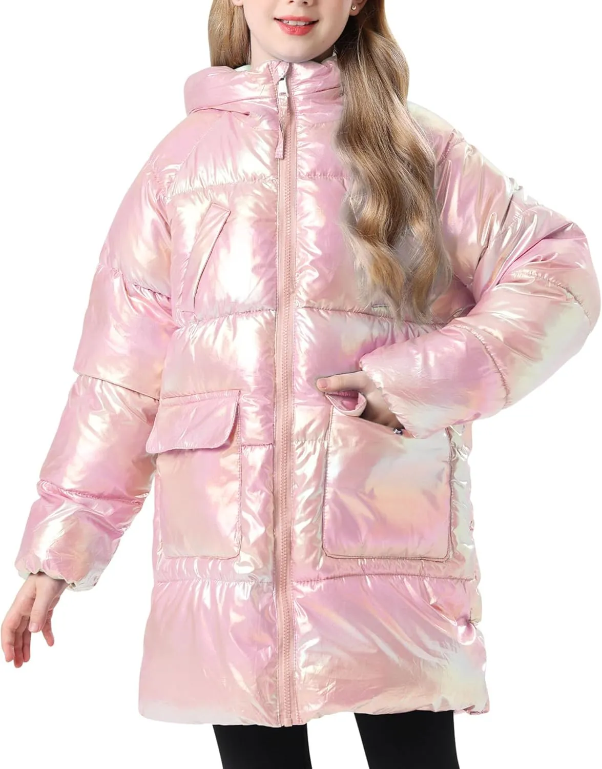 Cutemile 7-12 Years Girls Winter Long Fleece Coat Parka Metallic Puffer Jacket Outwear with Hooded