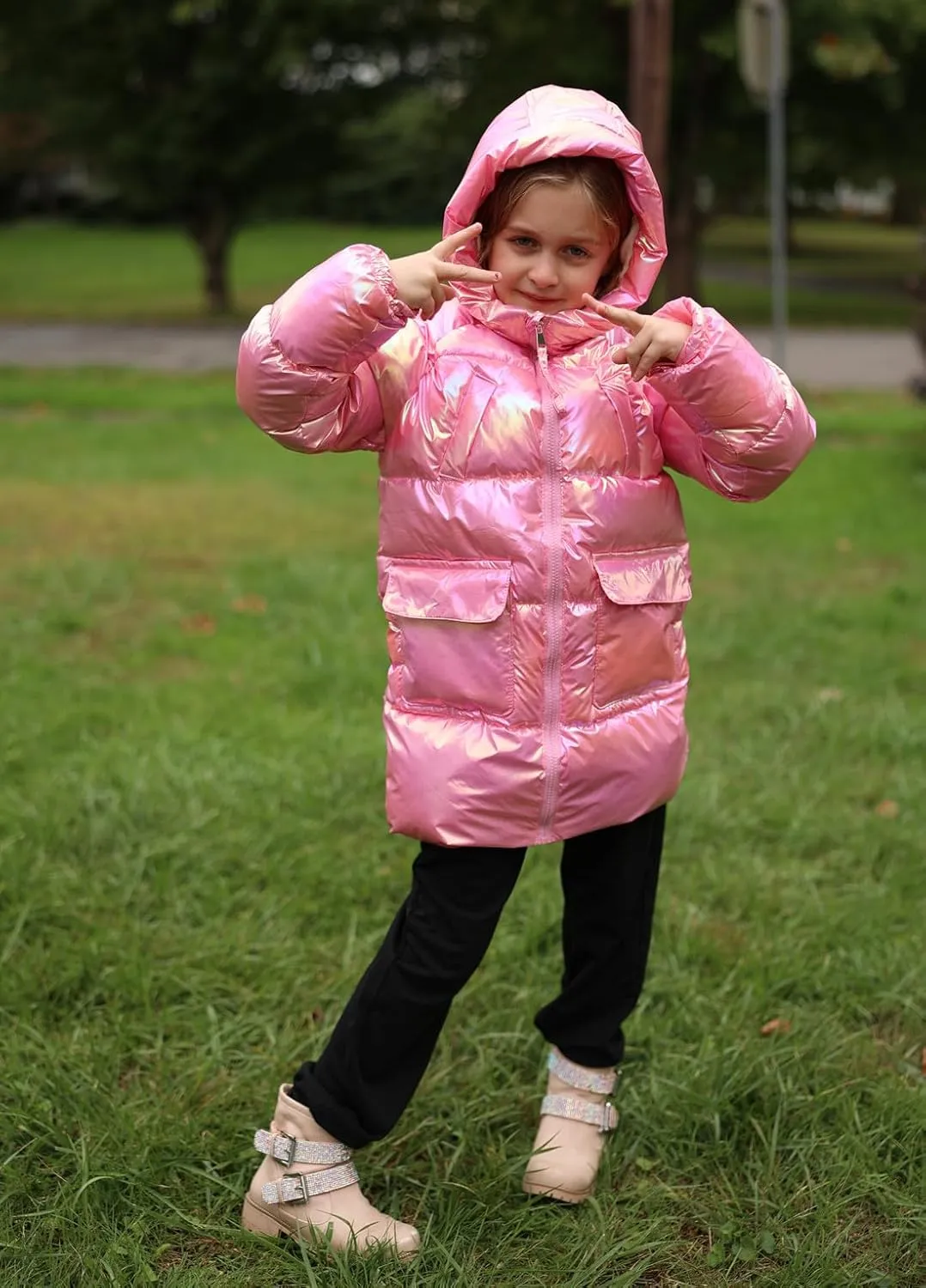 Cutemile 7-12 Years Girls Winter Long Fleece Coat Parka Metallic Puffer Jacket Outwear with Hooded