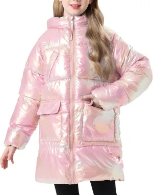 Cutemile 7-12 Years Girls Winter Long Fleece Coat Parka Metallic Puffer Jacket Outwear with Hooded