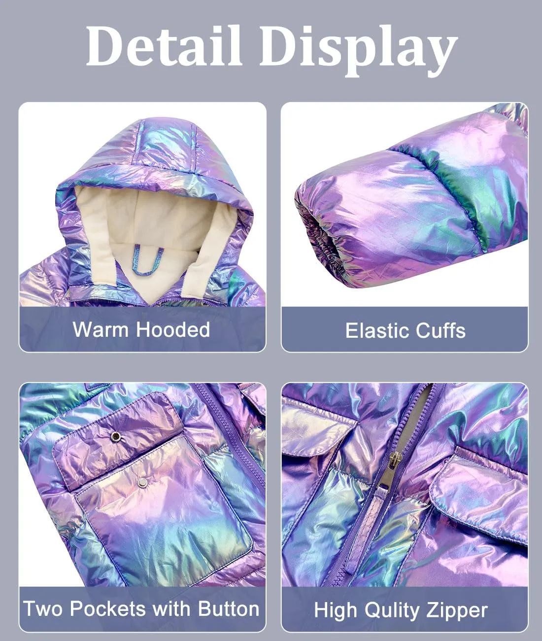 Cutemile 7-12 Years Girls Winter Long Fleece Coat Parka Metallic Puffer Jacket Outwear with Hooded