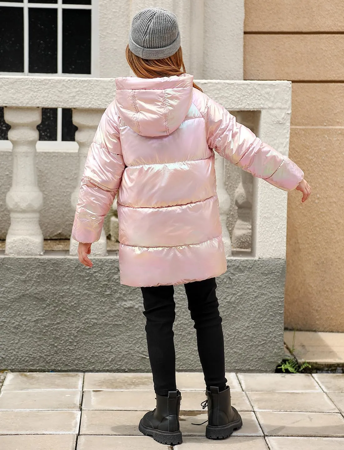 Cutemile 7-12 Years Girls Winter Long Fleece Coat Parka Metallic Puffer Jacket Outwear with Hooded
