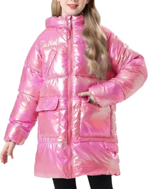 Cutemile 7-12 Years Girls Winter Long Fleece Coat Parka Metallic Puffer Jacket Outwear with Hooded
