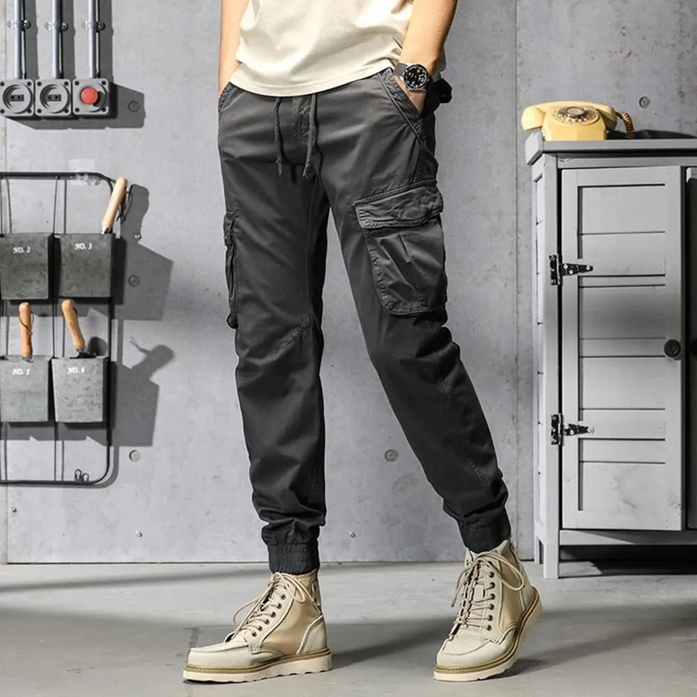 Depslee Men's Casual Cotton Relaxed Straight Cargo Pants,Multi-Pocket Light Outdoor Beam Foot Harem Pants with Drawstring