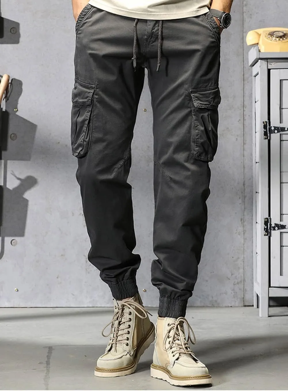 Depslee Men's Casual Cotton Relaxed Straight Cargo Pants,Multi-Pocket Light Outdoor Beam Foot Harem Pants with Drawstring