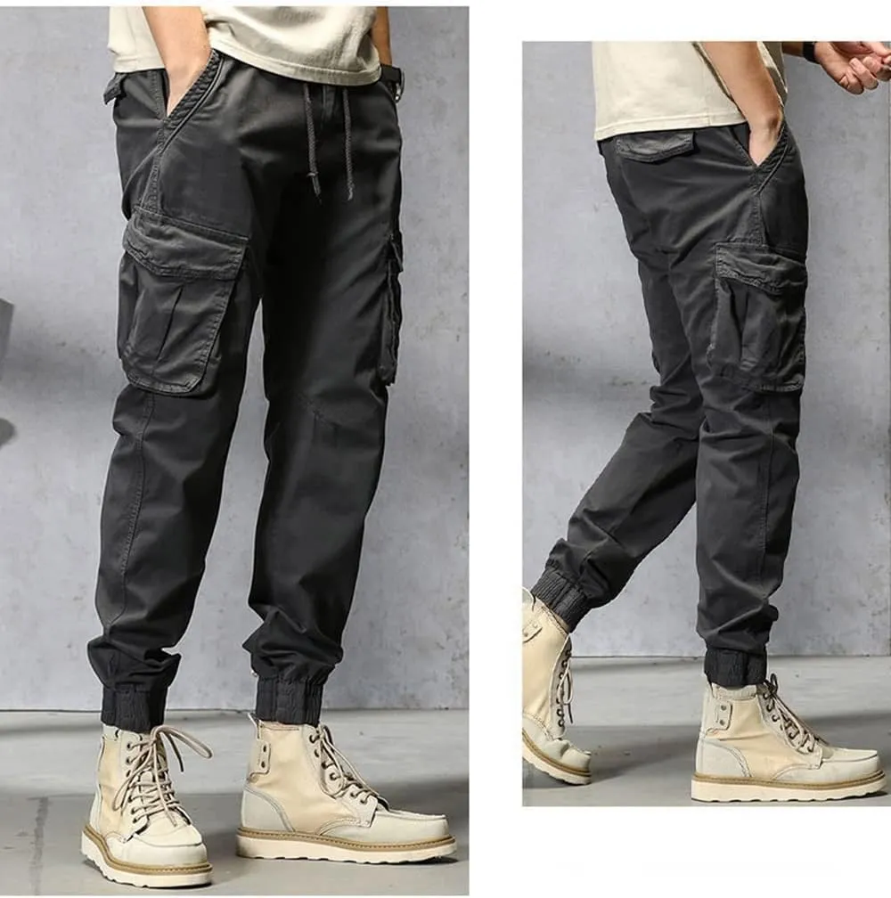 Depslee Men's Casual Cotton Relaxed Straight Cargo Pants,Multi-Pocket Light Outdoor Beam Foot Harem Pants with Drawstring