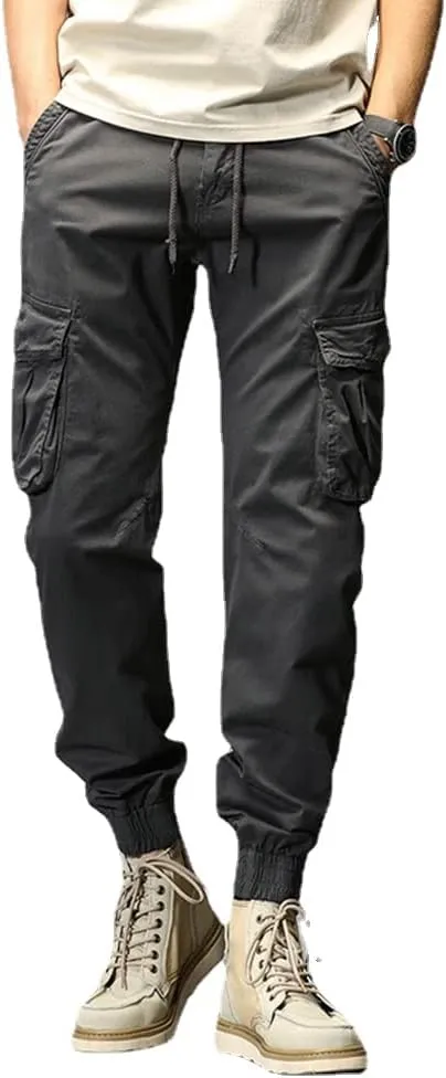 Depslee Men's Casual Cotton Relaxed Straight Cargo Pants,Multi-Pocket Light Outdoor Beam Foot Harem Pants with Drawstring